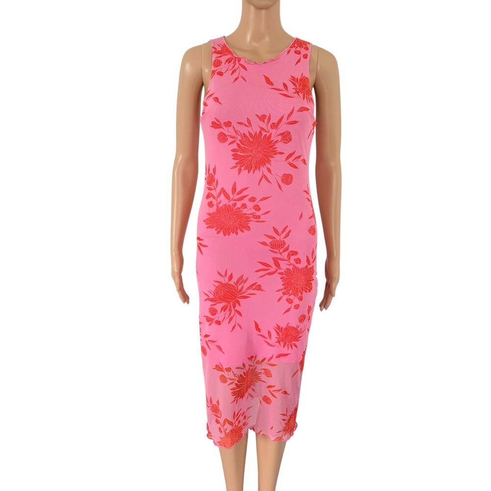 Y2K Style Floral Mesh Midi Dress Bodycon M Pink Boho Barbiecore Dopamine Stretch - Picture 2 of 7